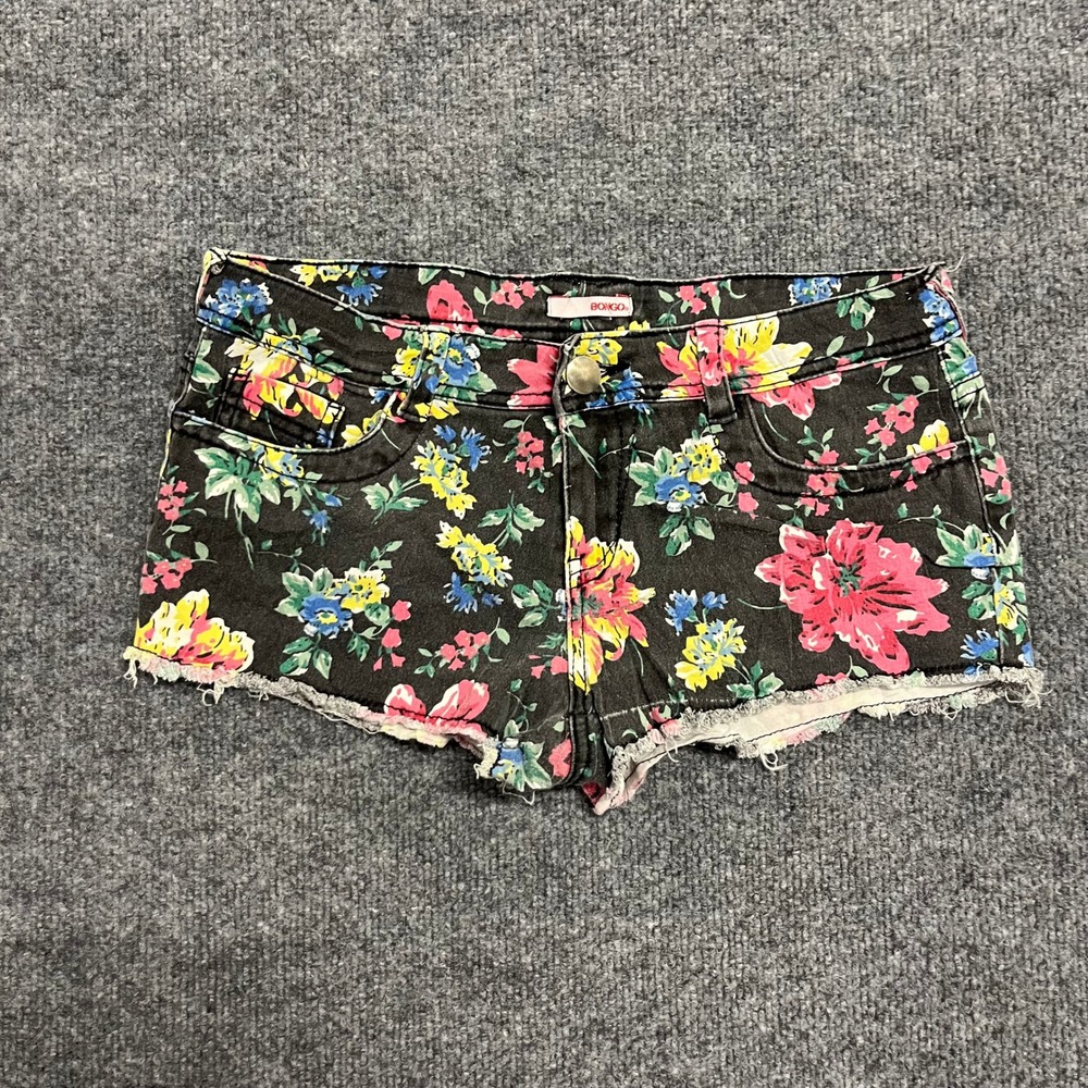 Bongo Shorts Womens Size 5 Black Floral Denim Low Rise Raw Hem Summer Casual